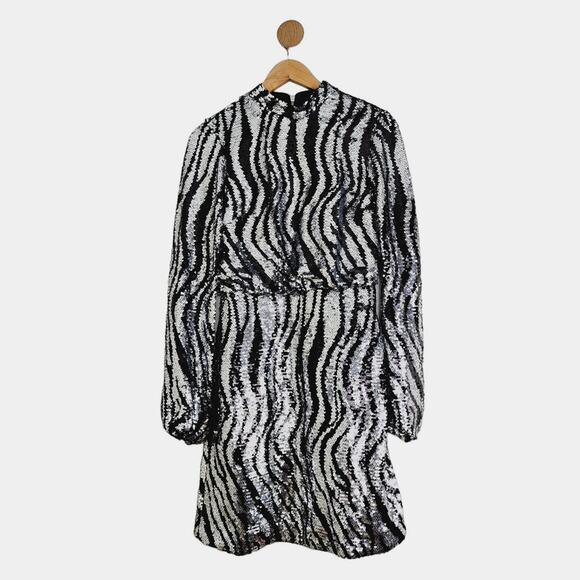 NWT Ted Baker Louu Silver Black Sequin Zebra Mini Dress Cocktail XS - Picture 4 of 16